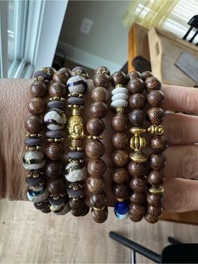 Wood Bead Stacked Bracelets with Gold Accents